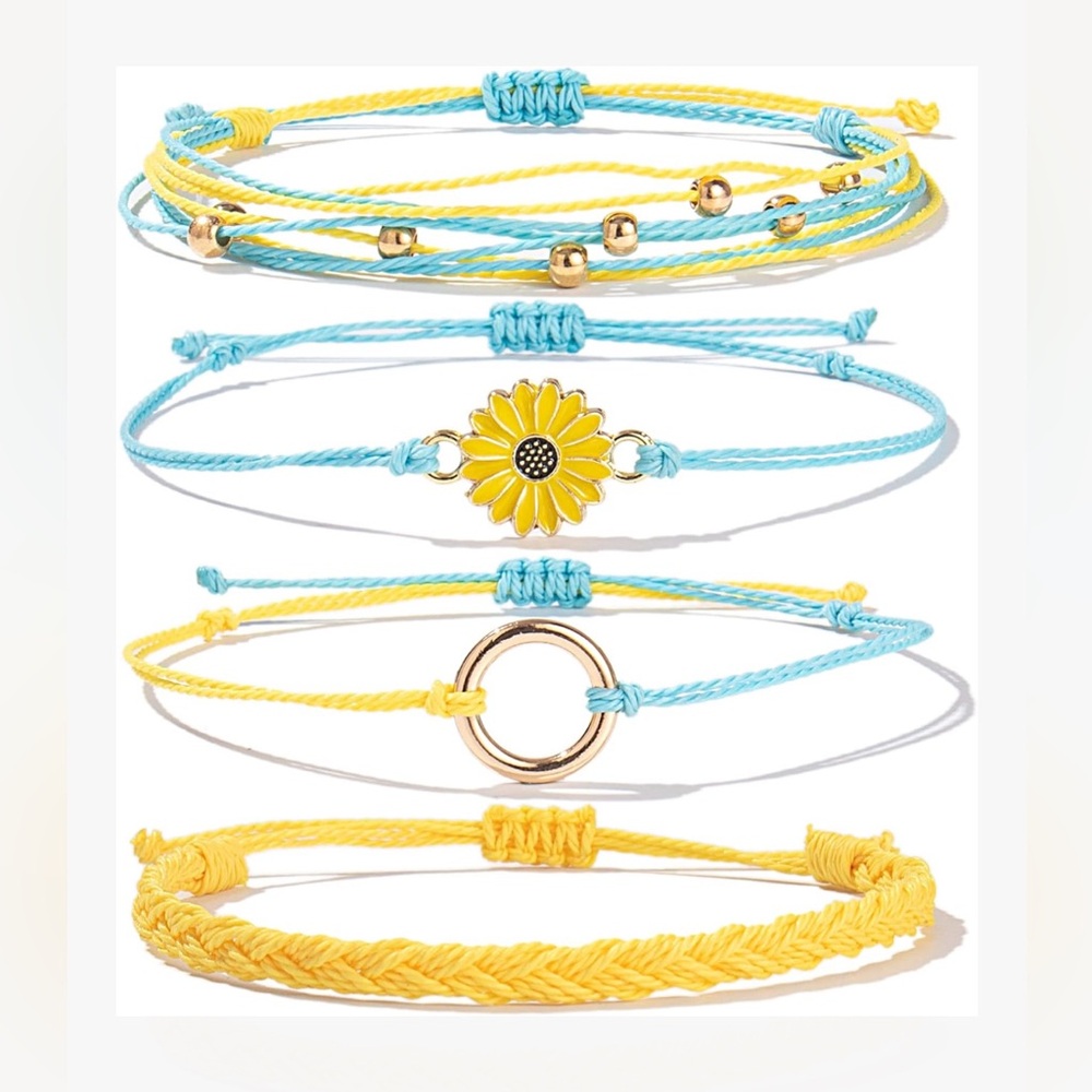 NWT, Stackable Sunflower String Bracelet Set, Yellow and Blue, Adjustable